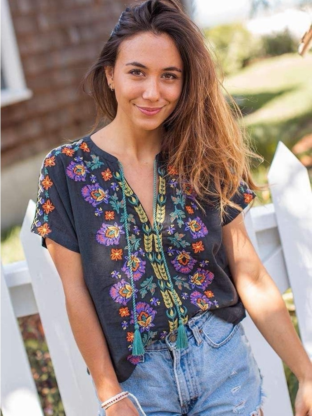 Natural Life Embroidered Floral Boho Blouse Charcoal Gray Size XL